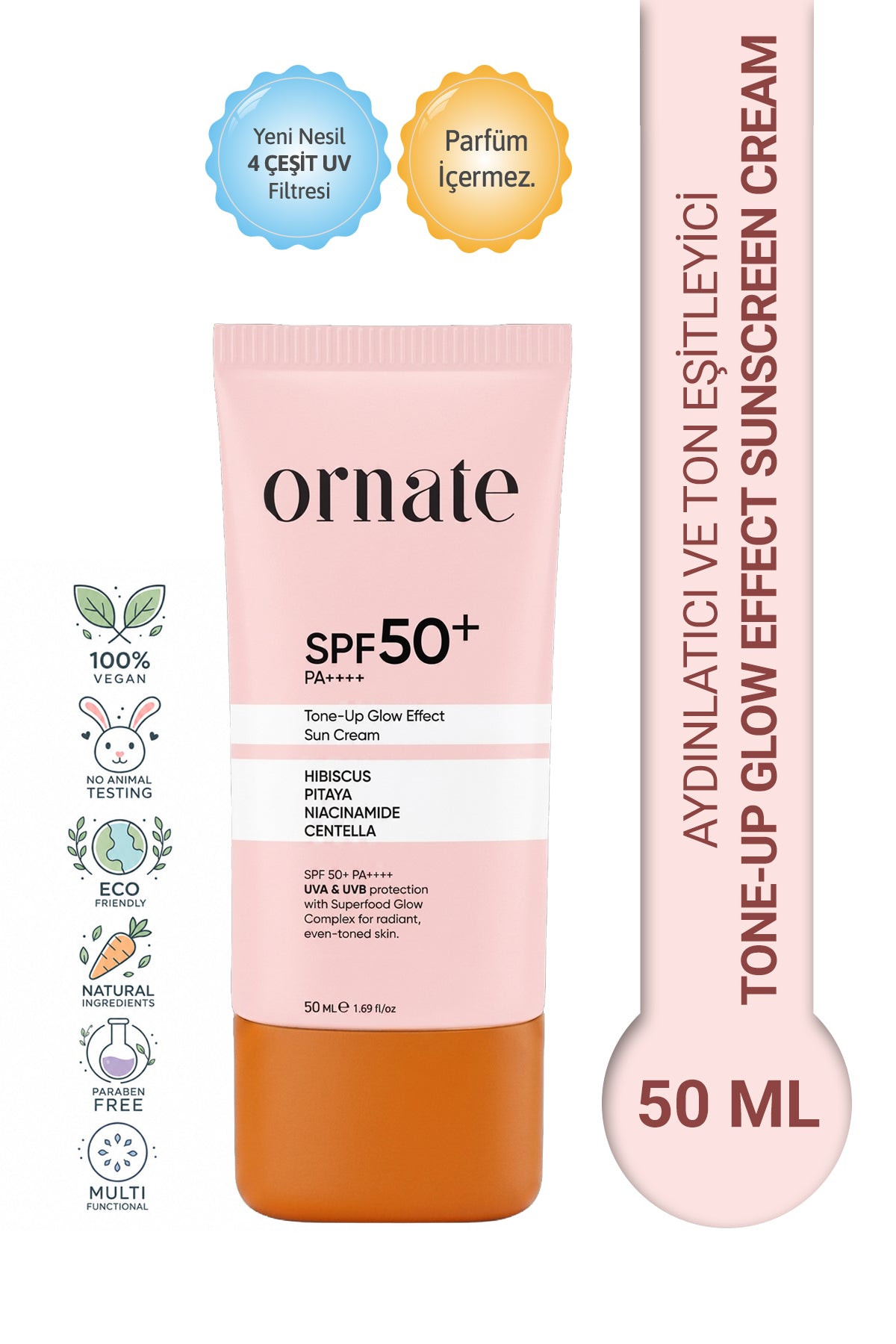 Aydınlatıcı, Ton Eşitleyici, Glow Effect Hibiskus, Pitaya ve Centella SPF50+ Güneş Kremi 50 mL
