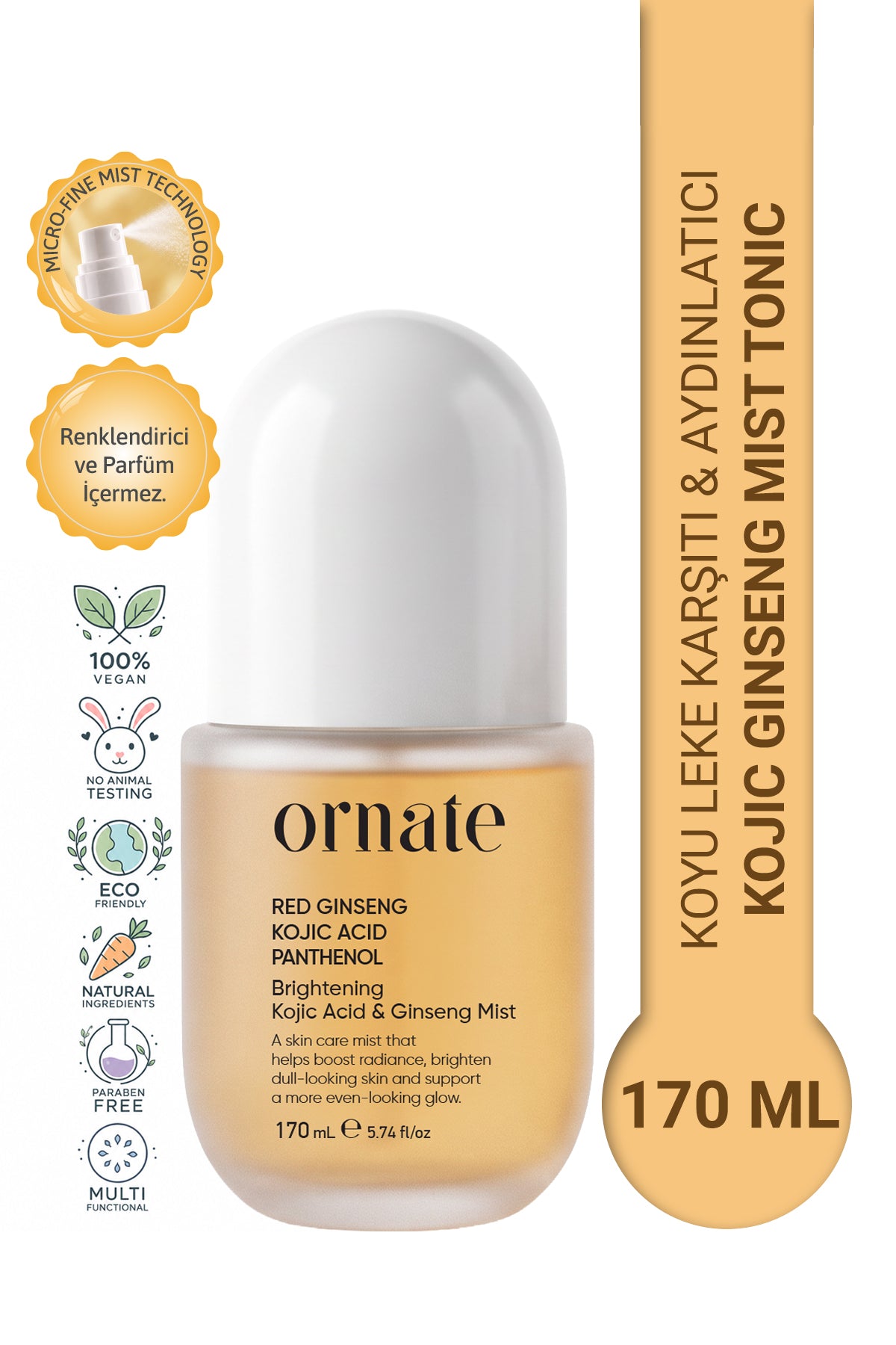 Kojic Acid, Ginseng İçeren Koyu Leke, Kararma, Görünümü Karşıtı, Ton Eşitleyici ve Canlandırıcı Tonik Yüz Misti 170 ml