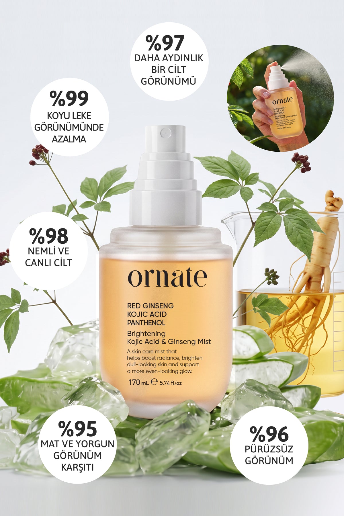 Kojic Acid, Ginseng İçeren Koyu Leke, Kararma, Görünümü Karşıtı, Ton Eşitleyici ve Canlandırıcı Tonik Yüz Misti 170 ml