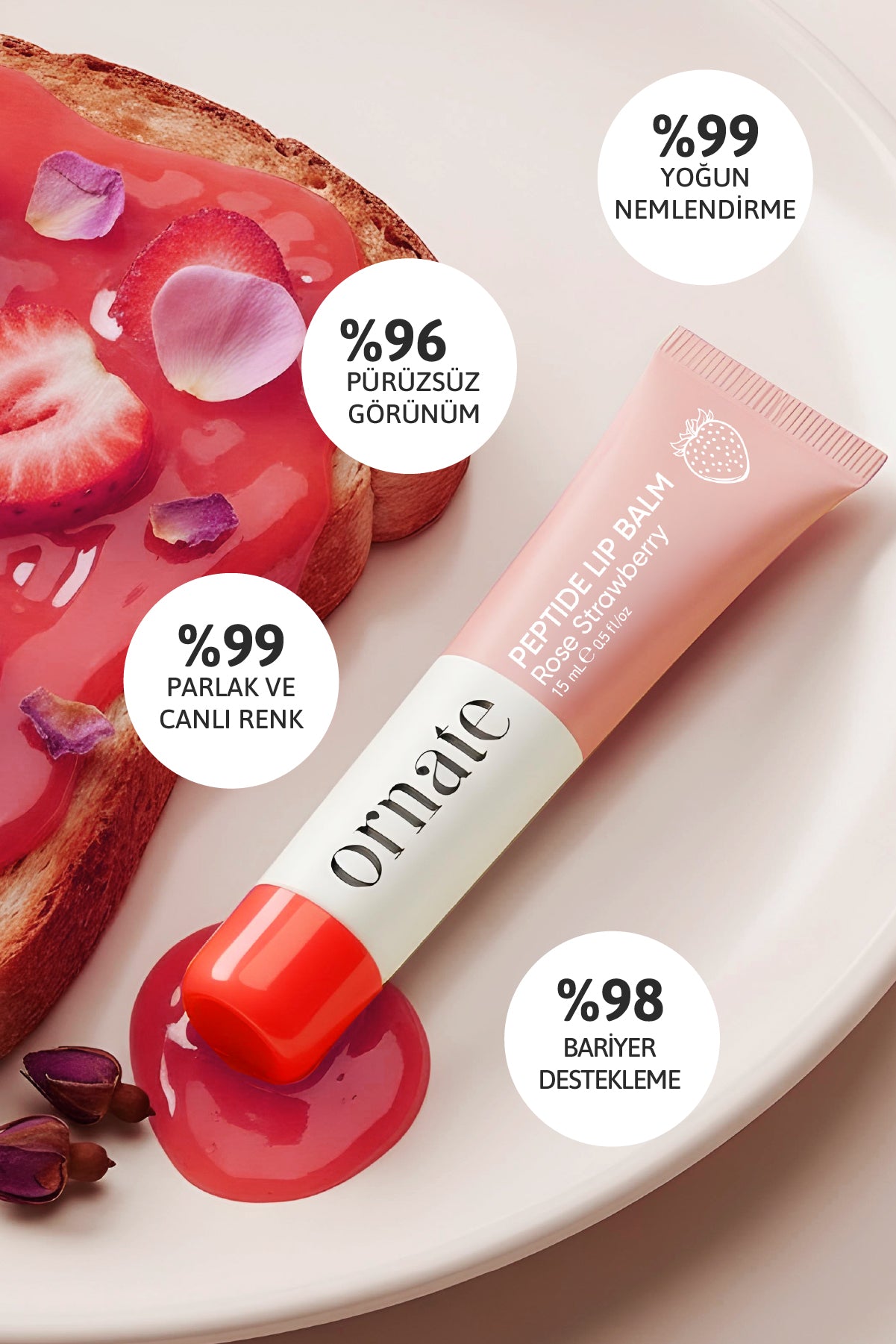 Peptide Lip Balm Rose Strawberry, Nemlendirici, Parlatıcı Lip Balm Çilek Ceramide Vitamin E 15mL