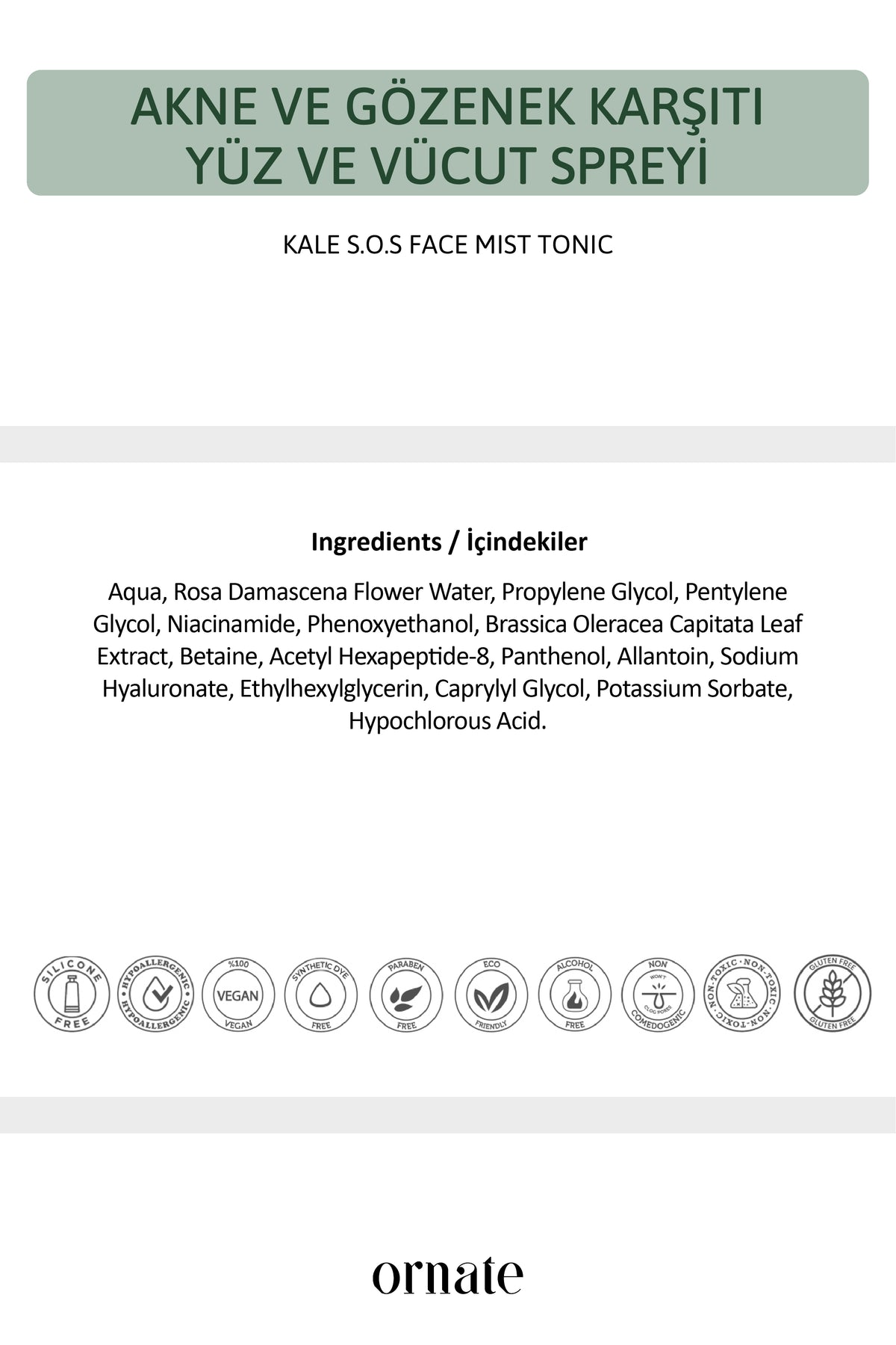 Kale S.O.S Akne ve Gözenek Karşıtı, Kuruluk & Gerginlik Giderici Tonik Misti 170 ml Hypochlorous Acid, Niacinamide
