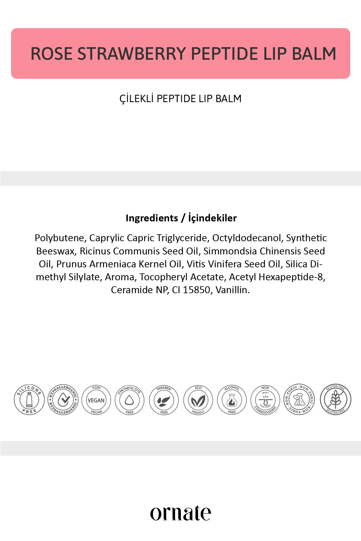 Peptide Lip Balm Rose Strawberry, Nemlendirici, Parlatıcı Lip Balm Çilek Ceramide Vitamin E 15mL