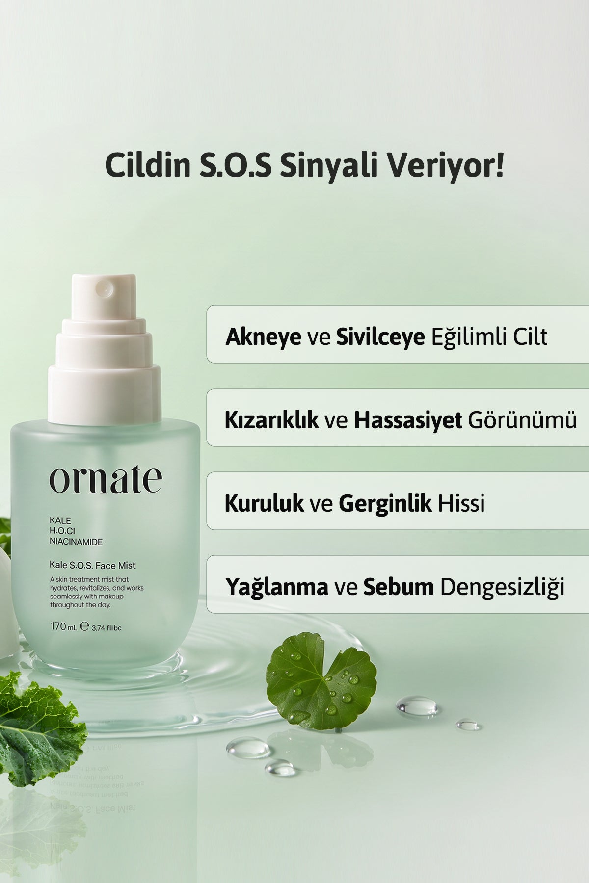 Kale S.O.S Akne ve Gözenek Karşıtı, Kuruluk & Gerginlik Giderici Tonik Misti 170 ml Hypochlorous Acid, Niacinamide