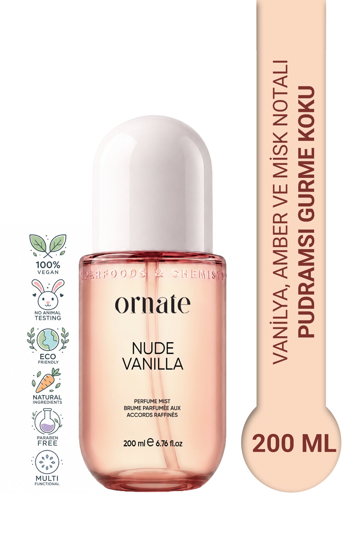 Nude Vanilla Vanilya, Amber ve Misk Notalı Pudramsı Gurme Kokulu Saç ve Vücut Spreyi 200 ml