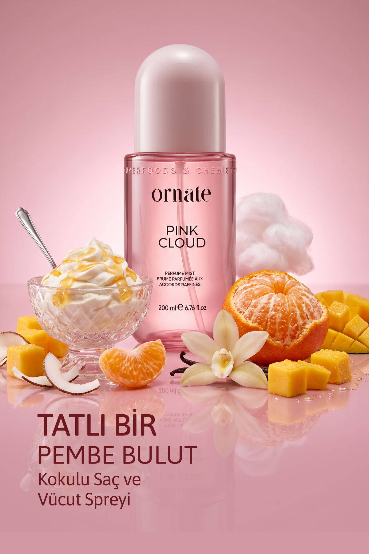 Pink Cloud Tatlı Vanilya ve Tropikal Notalı Pudramsı Kokulu Saç ve Vücut Spreyi 200 ml