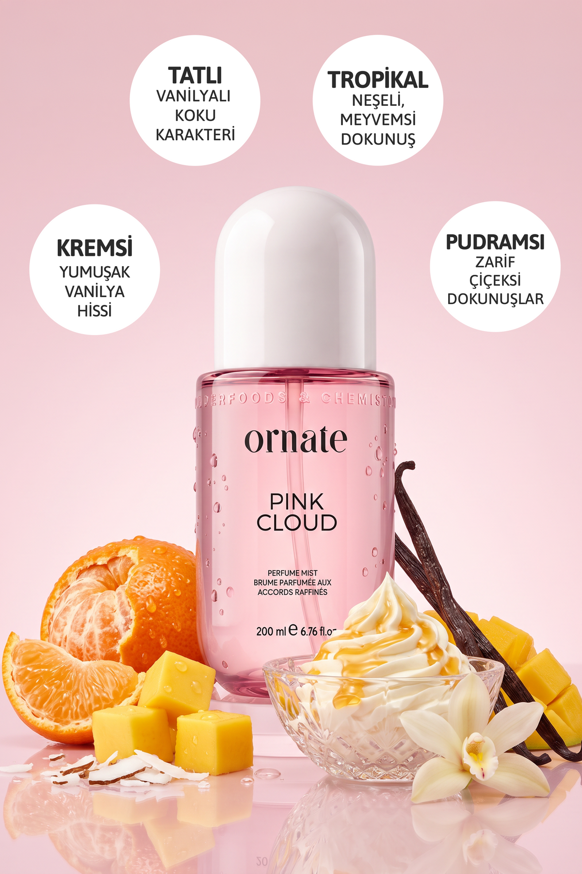 Pink Cloud Tatlı Vanilya ve Tropikal Notalı Pudramsı Kokulu Saç ve Vücut Spreyi 200 ml