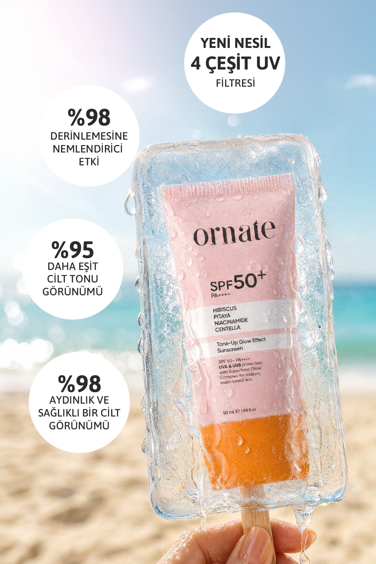 Aydınlatıcı, Ton Eşitleyici, Glow Effect Hibiskus, Pitaya ve Centella SPF50+ Güneş Kremi 50 mL