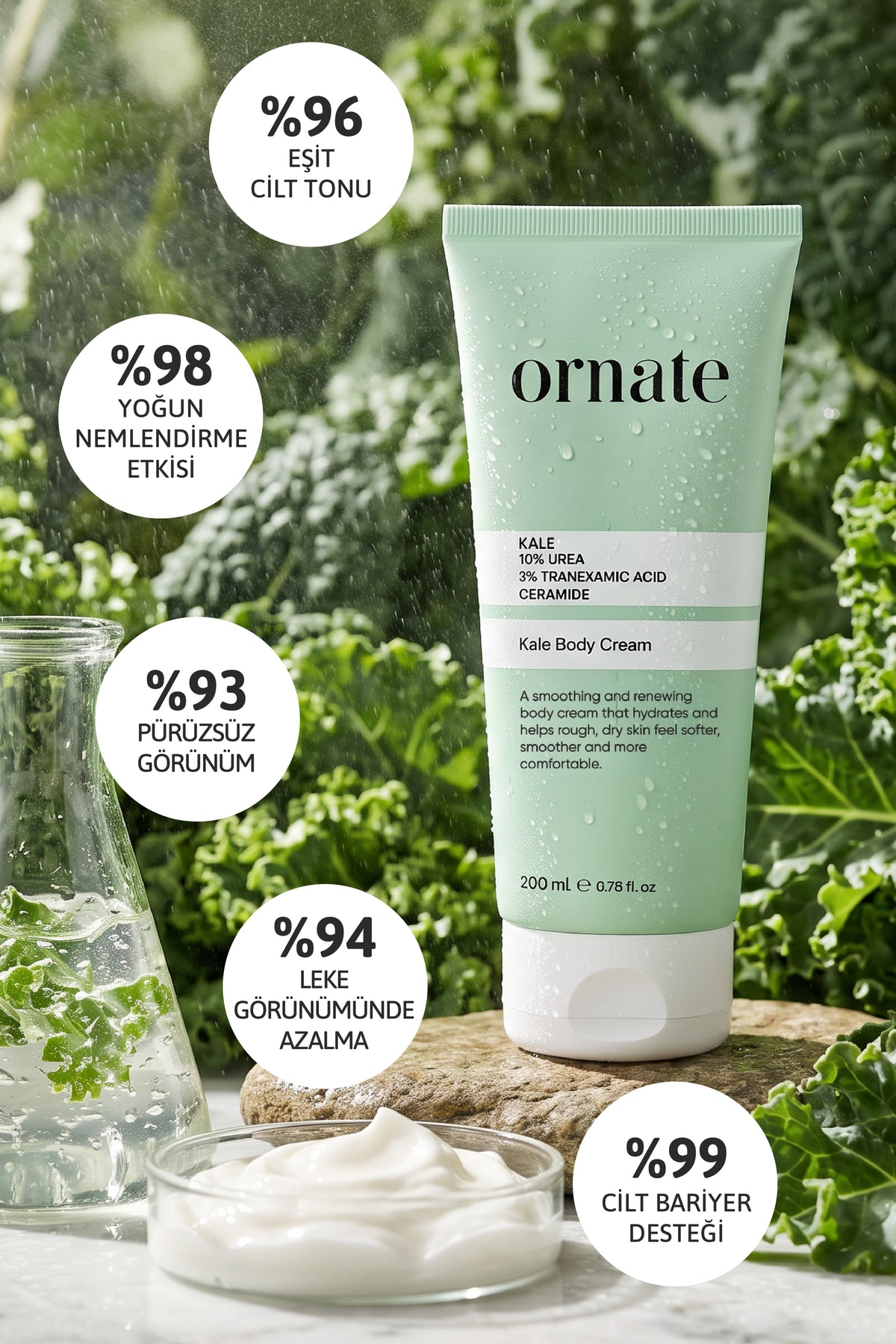 Kale, %10 Üre, %3 Traneksamik Asit, Seramid İçeren 24 Saat Etkili, Yoğun Nemlendirici, Pürüzsüzleştirici, Ton Eşitleyici Vücut Kremi 200 ml