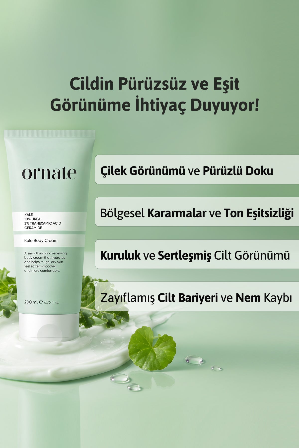 Kale, %10 Üre, %3 Traneksamik Asit, Seramid İçeren 24 Saat Etkili, Yoğun Nemlendirici, Pürüzsüzleştirici, Ton Eşitleyici Vücut Kremi 200 ml