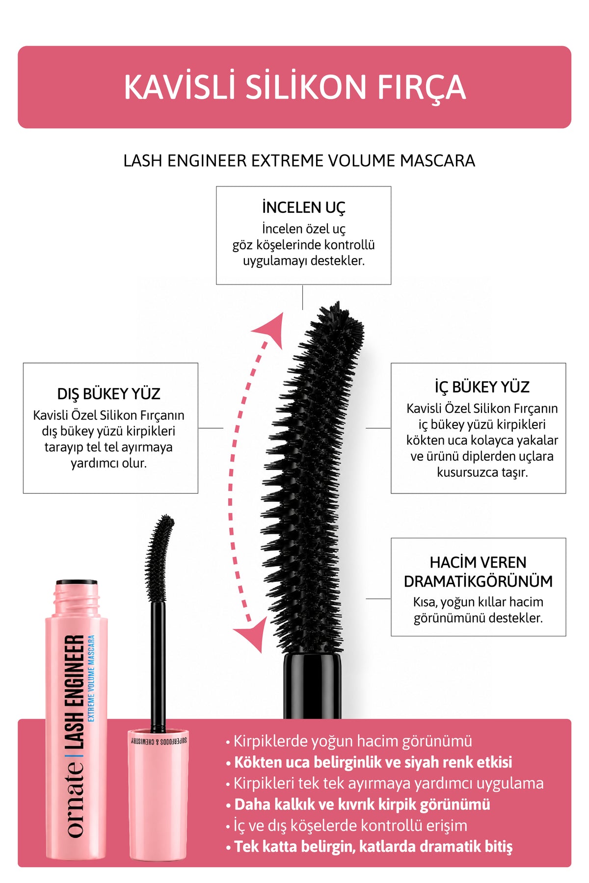 Ornate Lash Engineer Extreme Volume Maskara, Ekstra Siyah, Ekstra Hacim ve Belirgin Kıvırma Etkili Maskara 7 ml