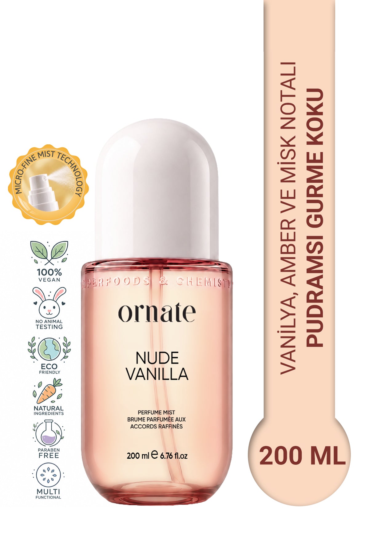 Nude Vanilla Vanilya, Amber ve Misk Notalı Pudramsı Gurme Kokulu Saç ve Vücut Spreyi 200 ml