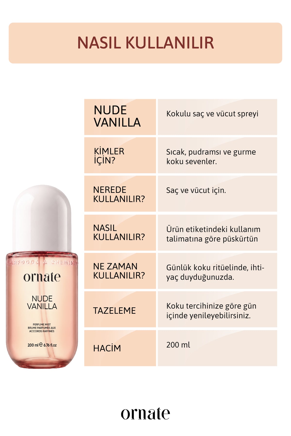 Nude Vanilla Vanilya, Amber ve Misk Notalı Pudramsı Gurme Kokulu Saç ve Vücut Spreyi 200 ml