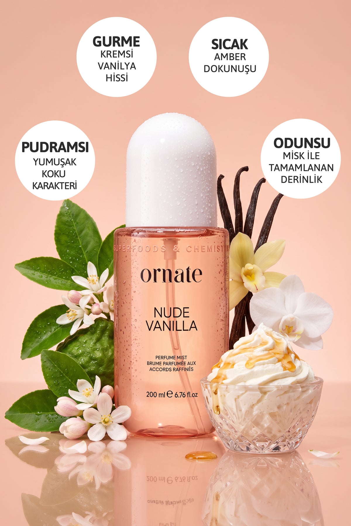 Nude Vanilla Vanilya, Amber ve Misk Notalı Pudramsı Gurme Kokulu Saç ve Vücut Spreyi 200 ml