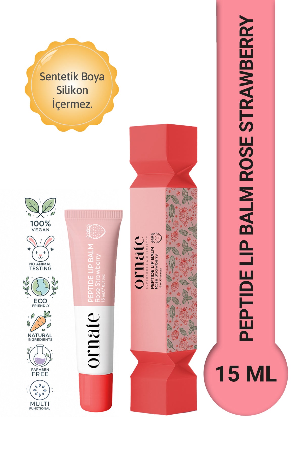 Peptide Lip Balm Rose Strawberry, Nemlendirici, Parlatıcı Lip Balm Çilek Ceramide Vitamin E 15mL